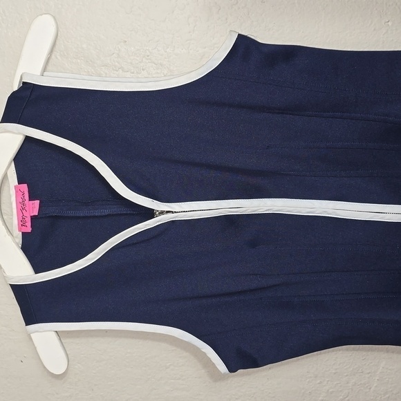 Besty Johnson  Navy Zip Front White Trim Pleated Dress - Picture 2 of 8